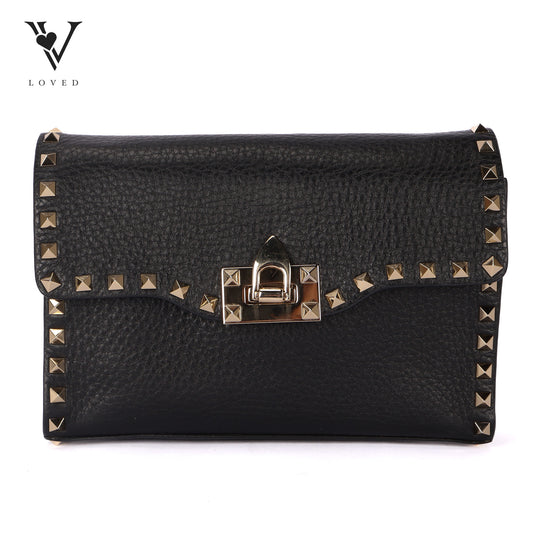 Garvani Rockstud Flap In Black Leather Shoulder Crossbody Bag