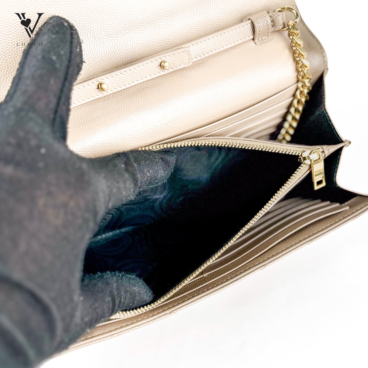 Cassandre Matellasé Flap Pouch in Grain De Poudre Embossed Leather Wallet on Chain