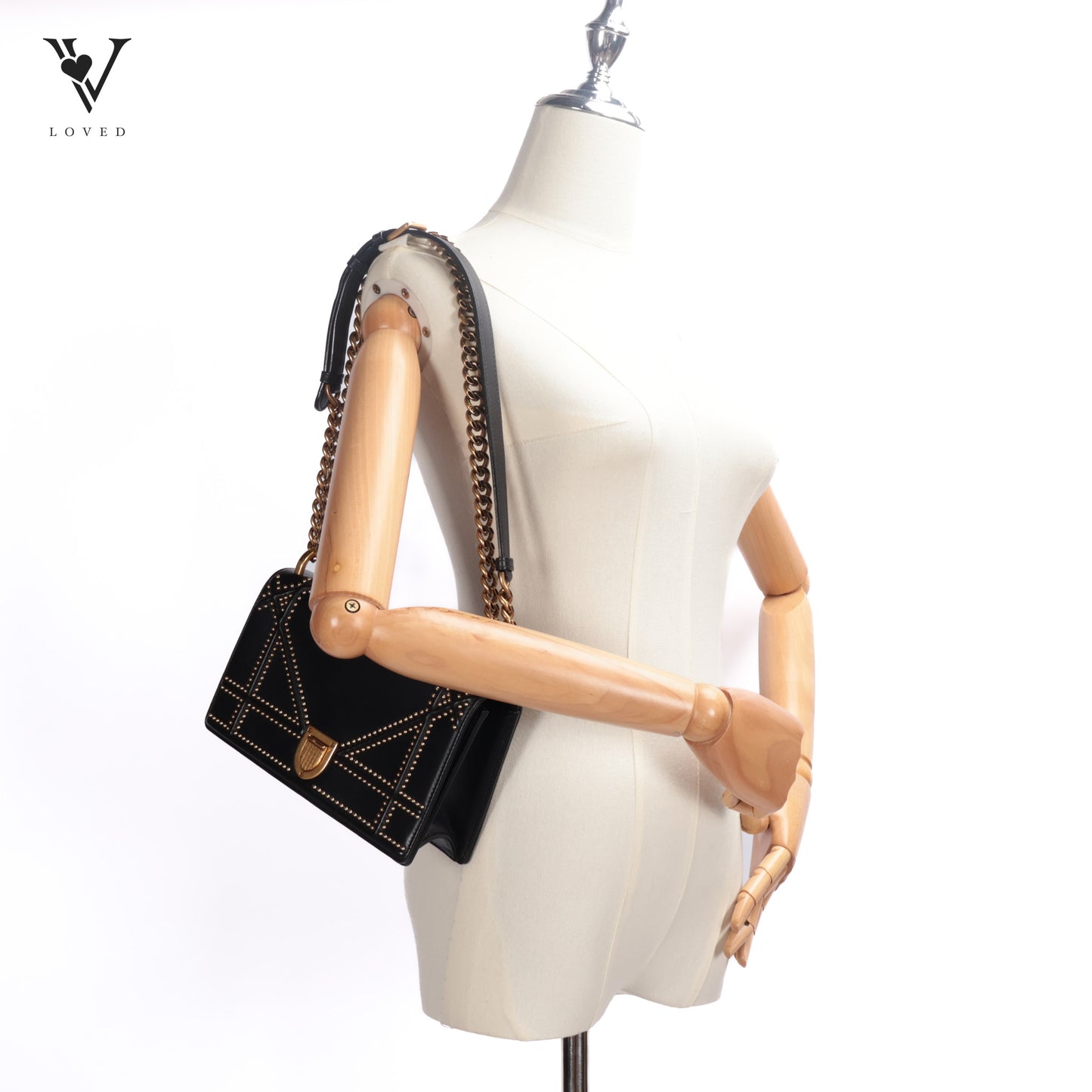 Studded Medium Diorama Flap Bag in Black Lambskin Leather