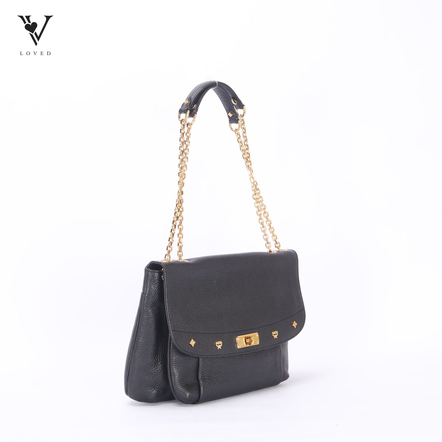 Studded Black Leather Chain Shoulder Bag