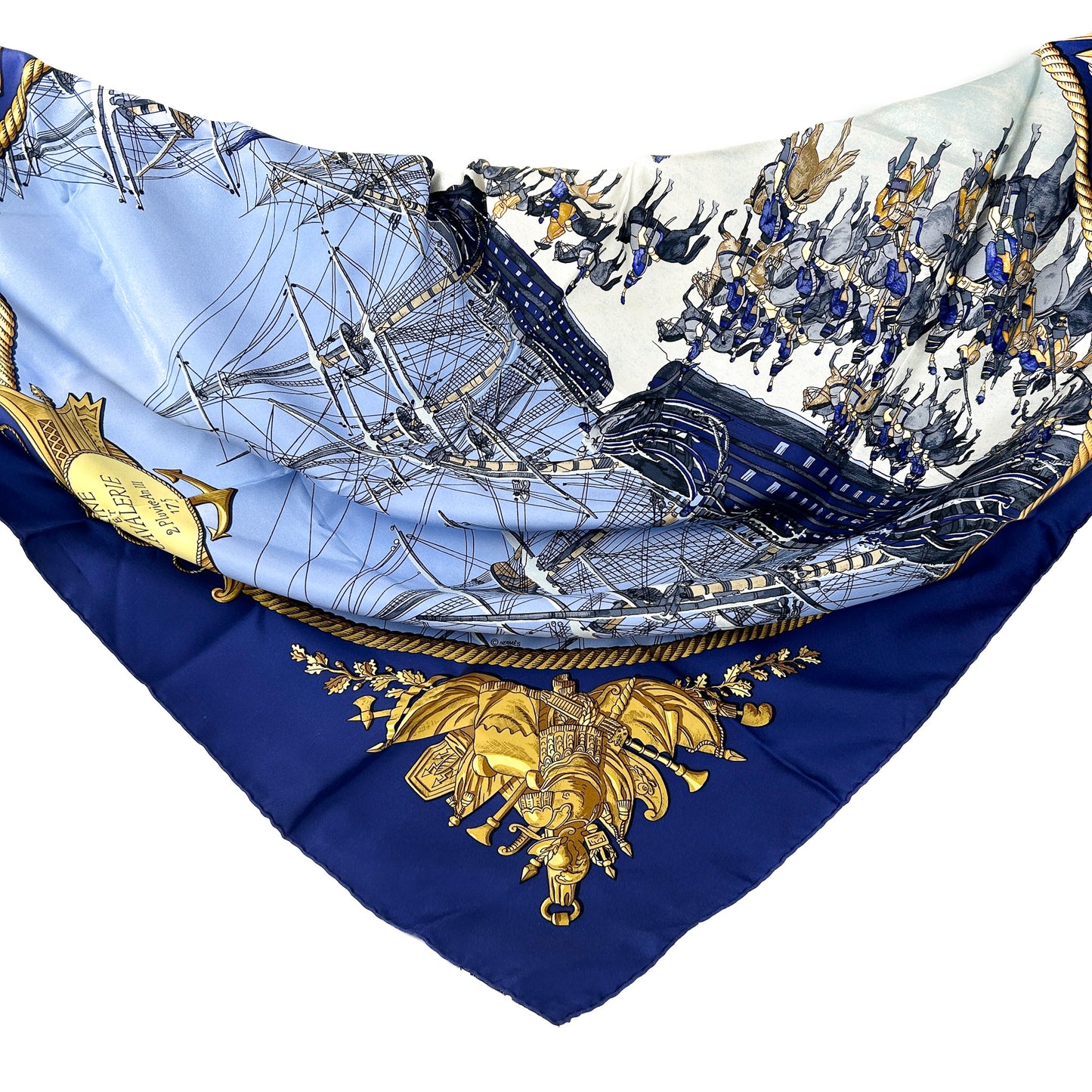 Carre 90 “Marine et Cavalerie” by Philippe Ledoux (1967) foulard en soie bleu