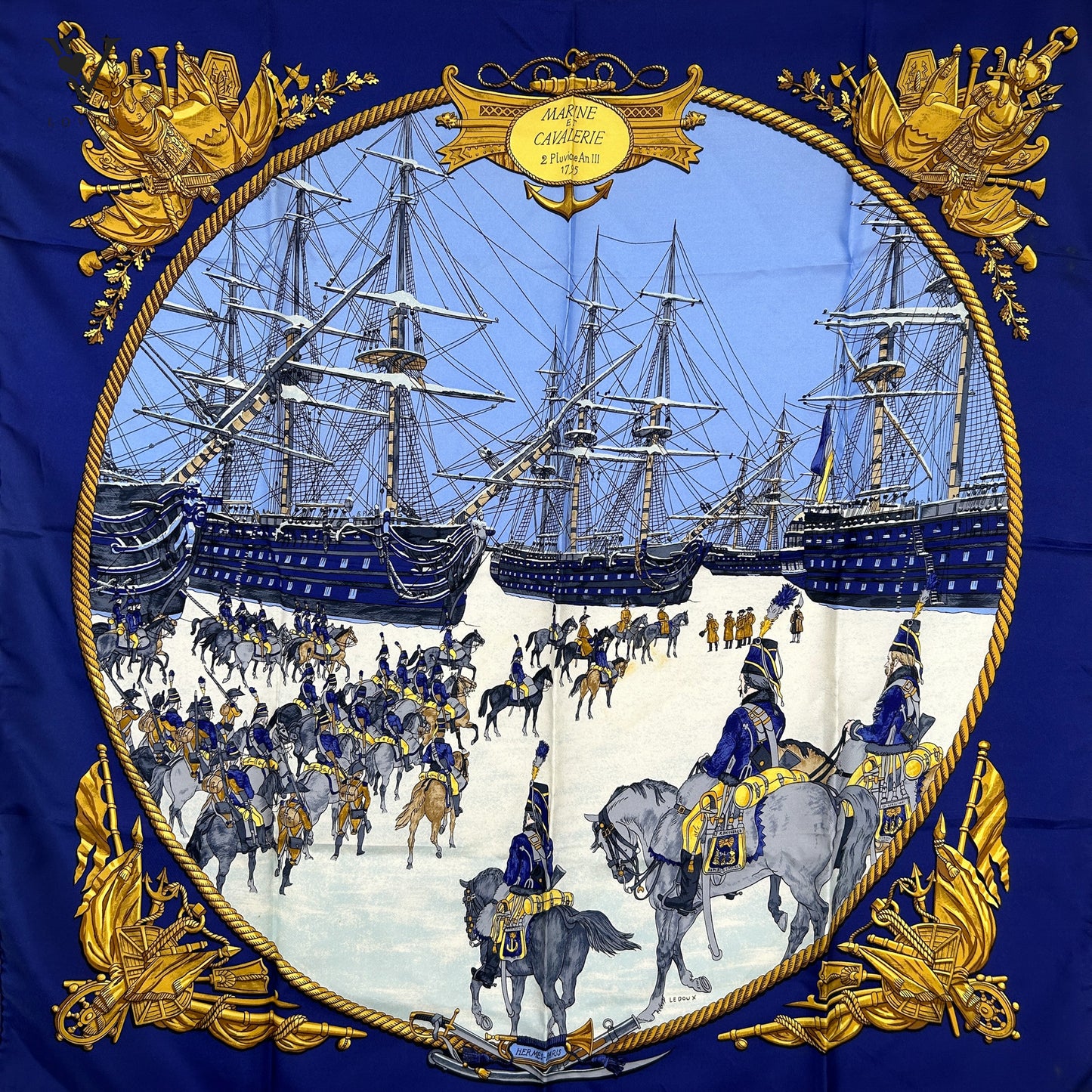 Carre 90 “Marine et Cavalerie” by Philippe Ledoux (1967) foulard en soie bleu