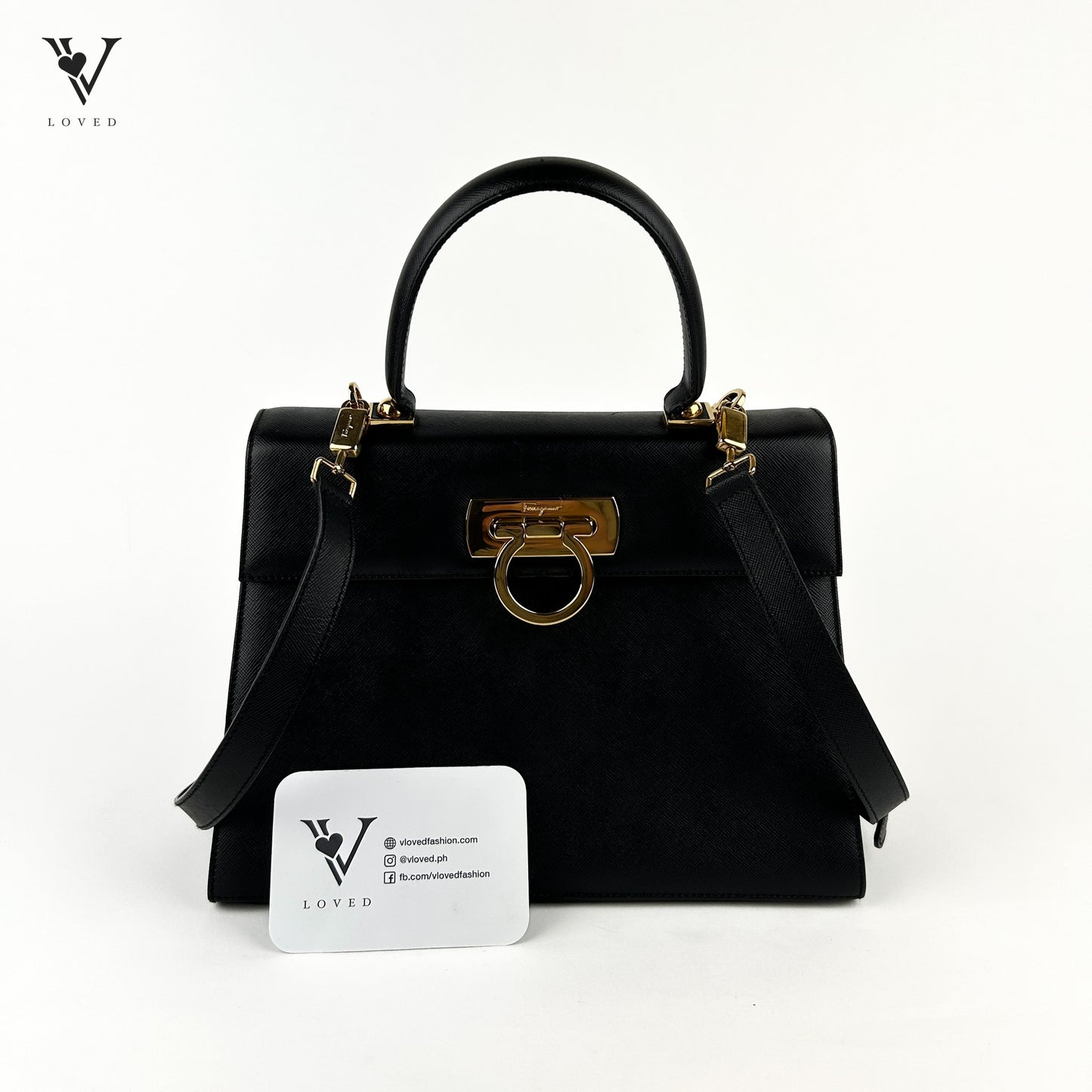 Two-Way Gancini Handbag in Black Saffiano Leather