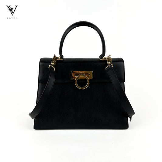 Two-Way Gancini Handbag in Black Saffiano Leather