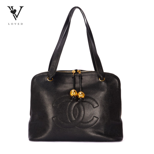 Vintage Black Caviar Timeless Gold Ball Charm CC Tote Bag