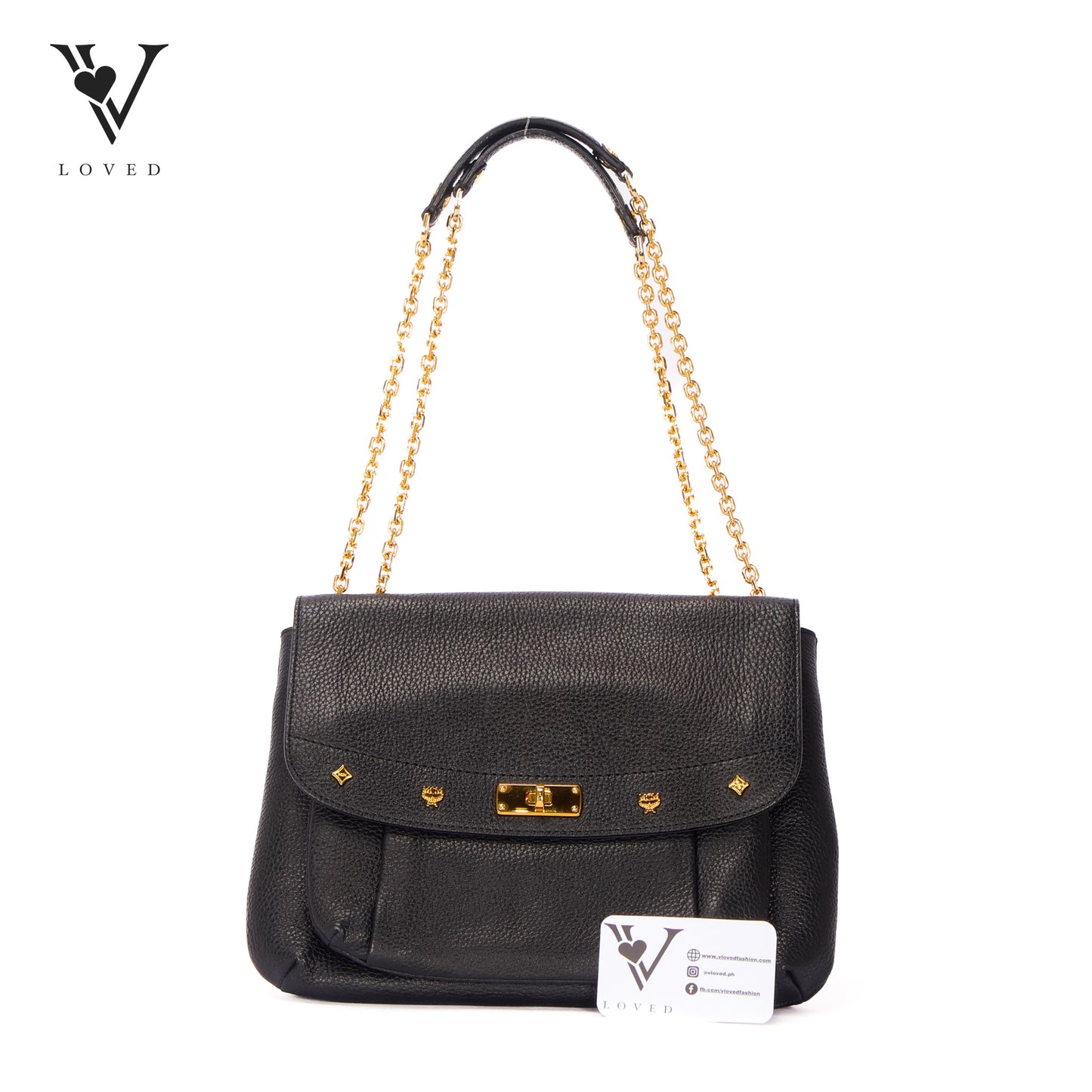 Studded Black Leather Chain Shoulder Bag