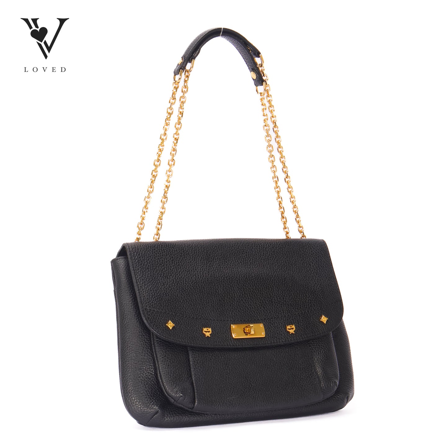 Studded Black Leather Chain Shoulder Bag