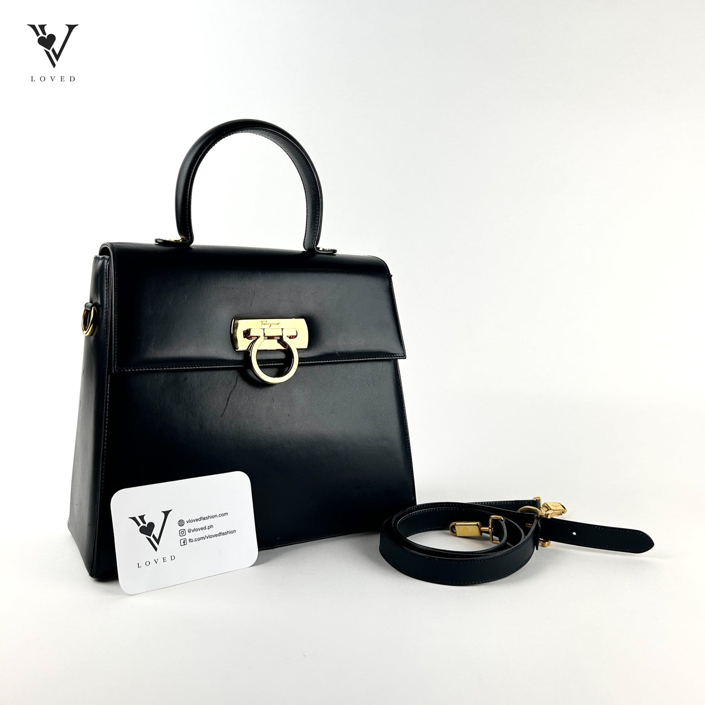 Gancini Two-Way Vintage Handbag in Black Smooth Leather