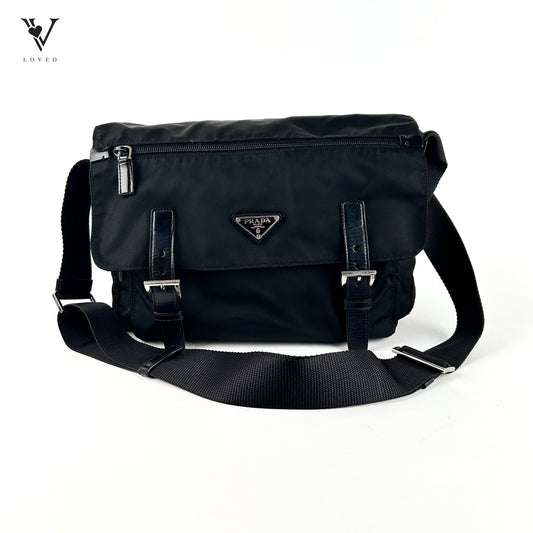 Black Tessuto Messenger Crossbody Bag