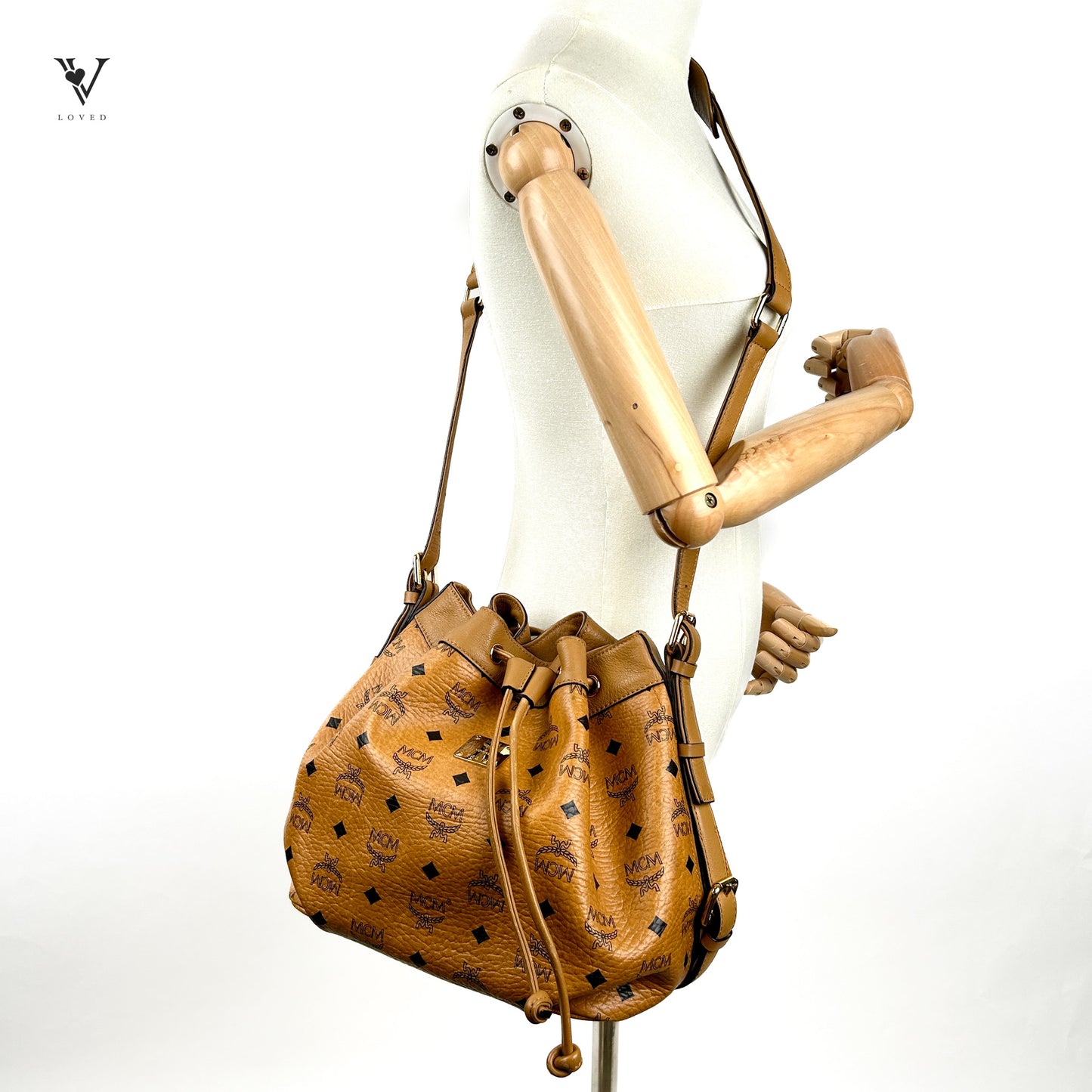 Drawstring Shoulder Bag in Cognac Visetos Leather