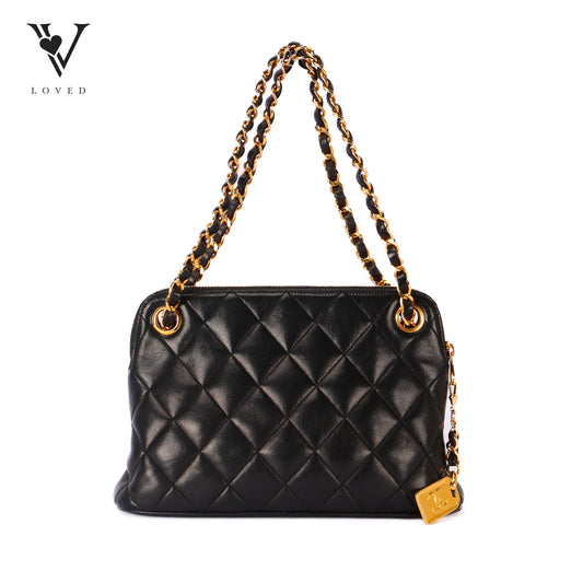 Vintage Zip Chain Shoulder Bag In Black Quilted Leather