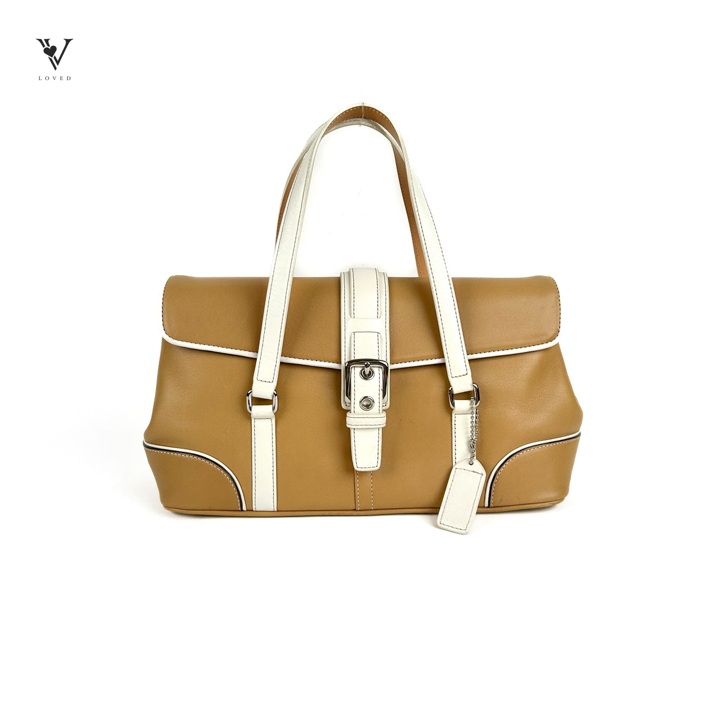 Tan Leather Buckle Flap Expandable Handbag