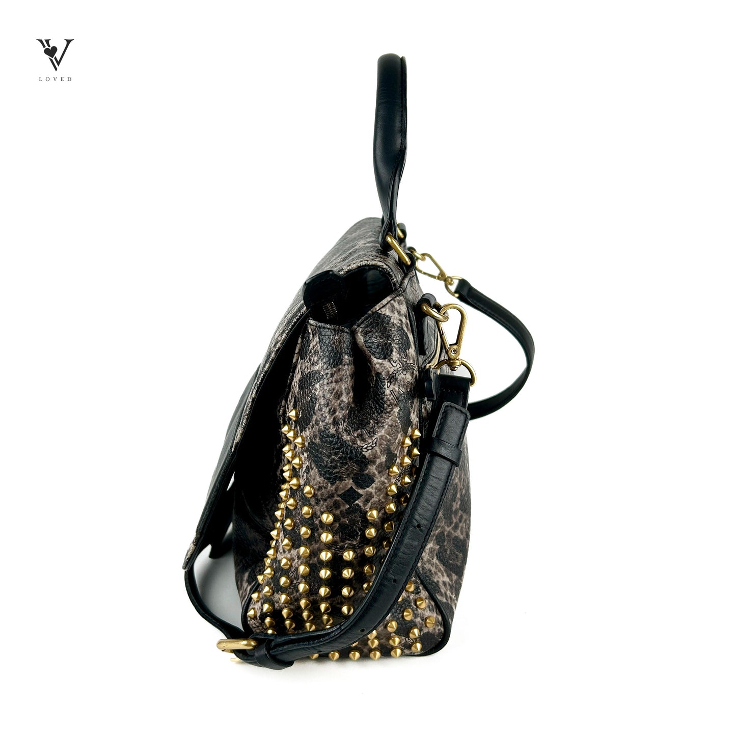 Studded Two-Way Messenger bag in Leather Snake Skin Motif