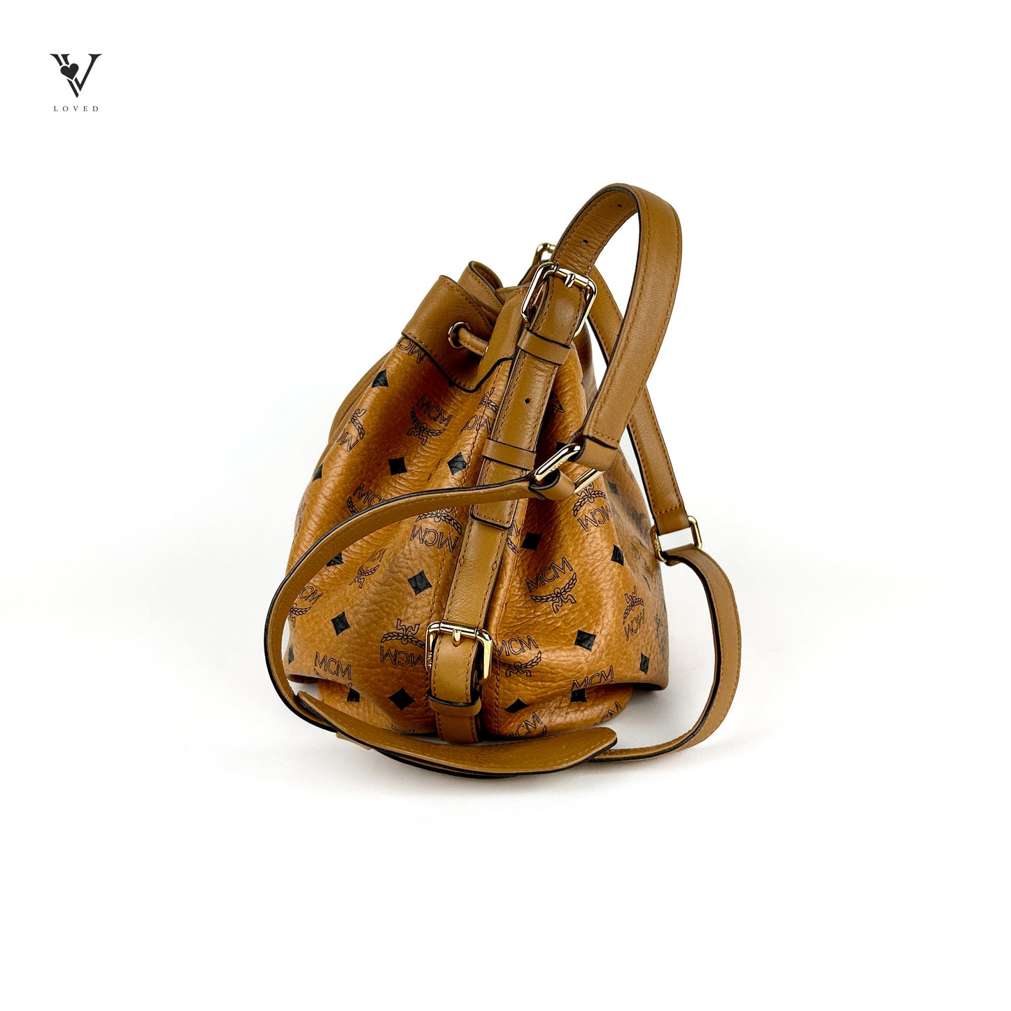 Drawstring Shoulder Bag in Cognac Visetos Leather