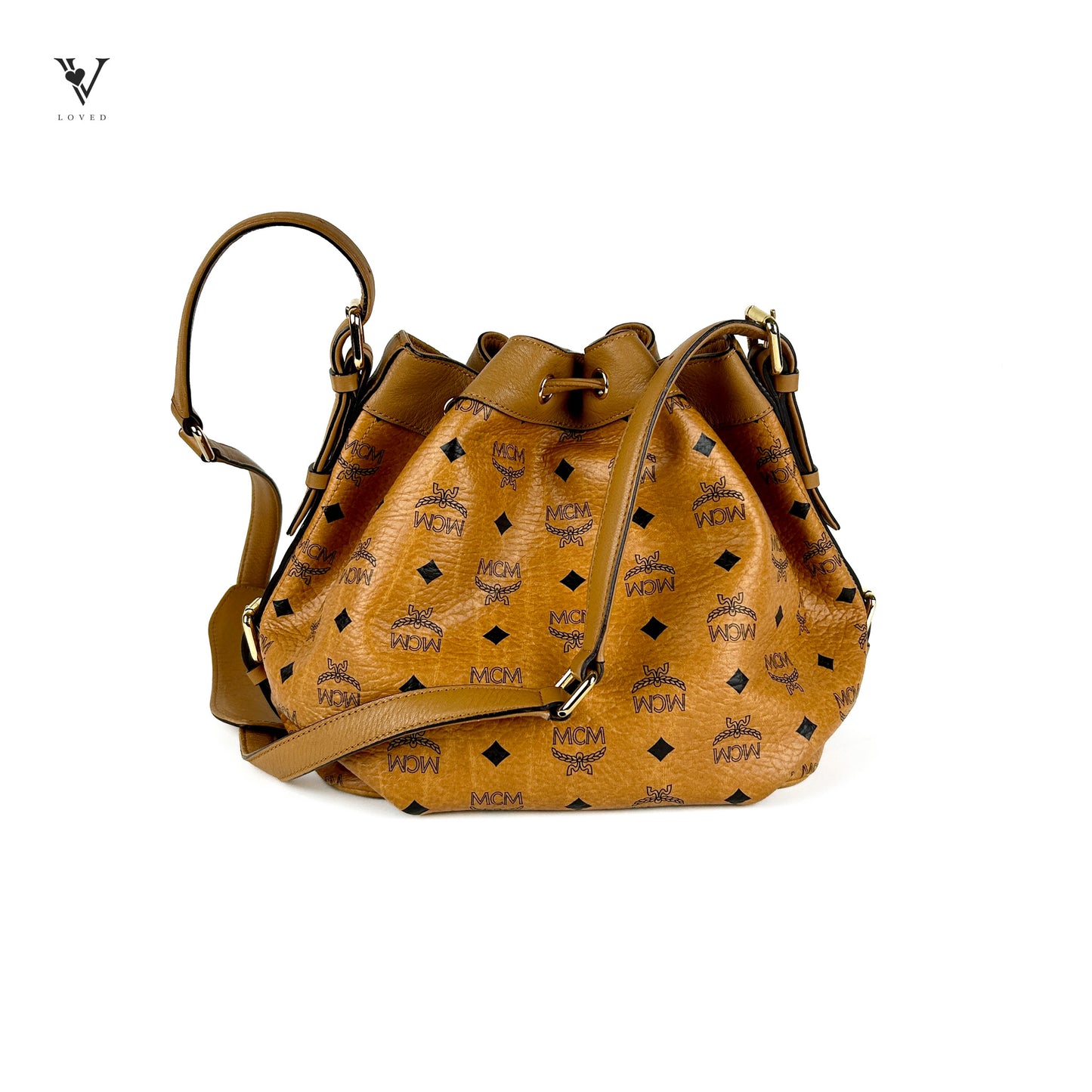 Drawstring Shoulder Bag in Cognac Visetos Leather