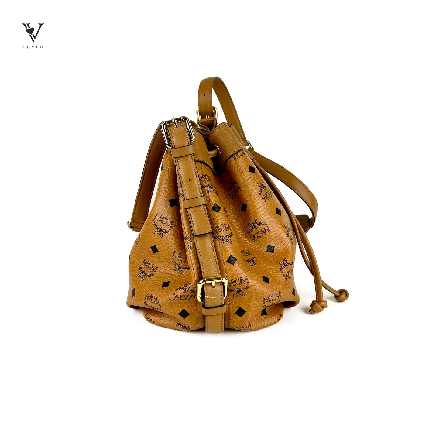 Drawstring Shoulder Bag in Cognac Visetos Leather