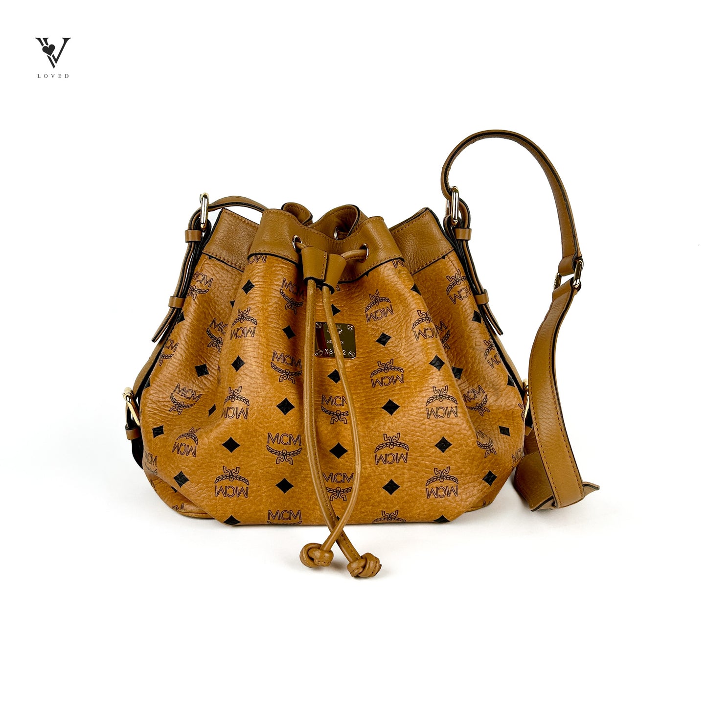 Drawstring Shoulder Bag in Cognac Visetos Leather