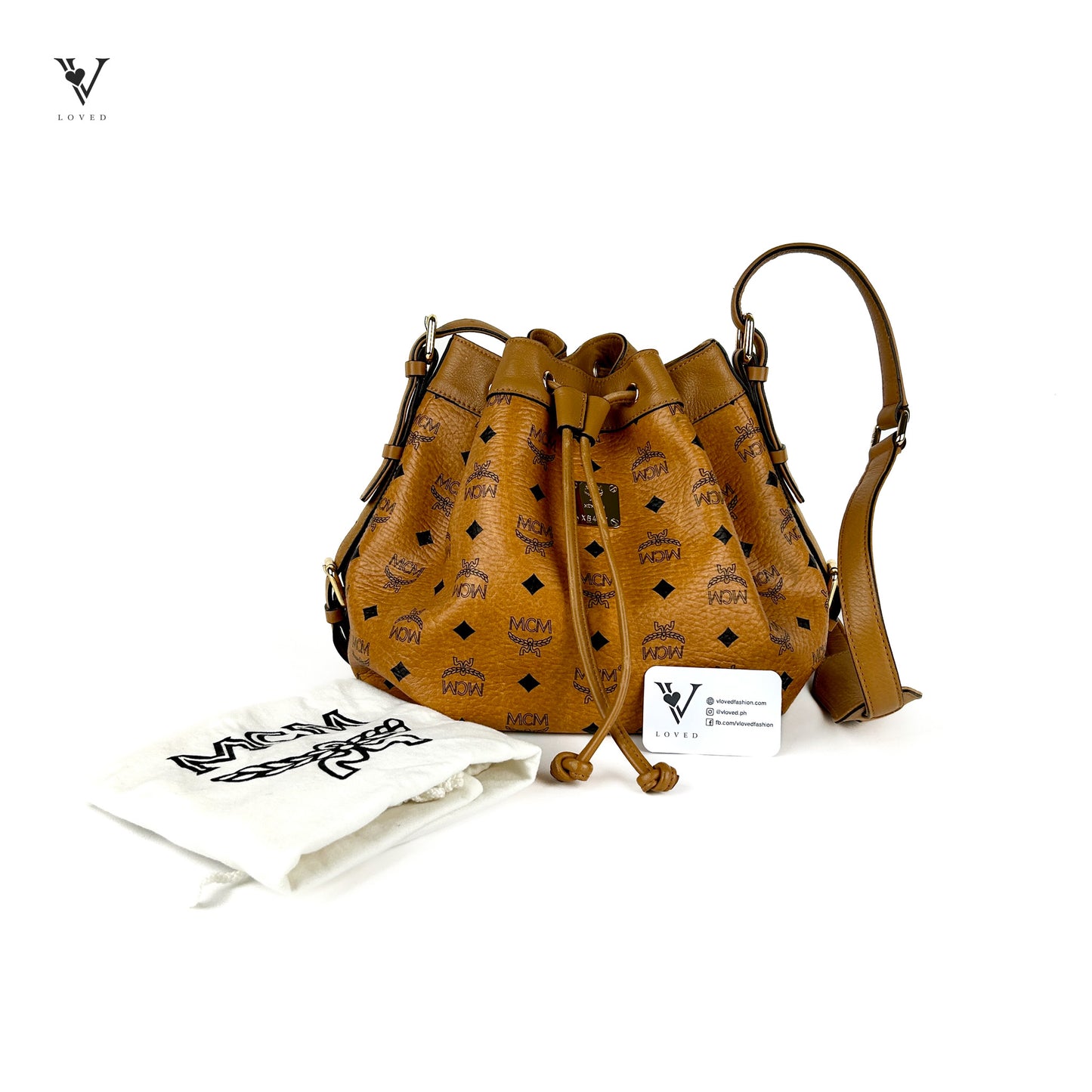 Drawstring Shoulder Bag in Cognac Visetos Leather